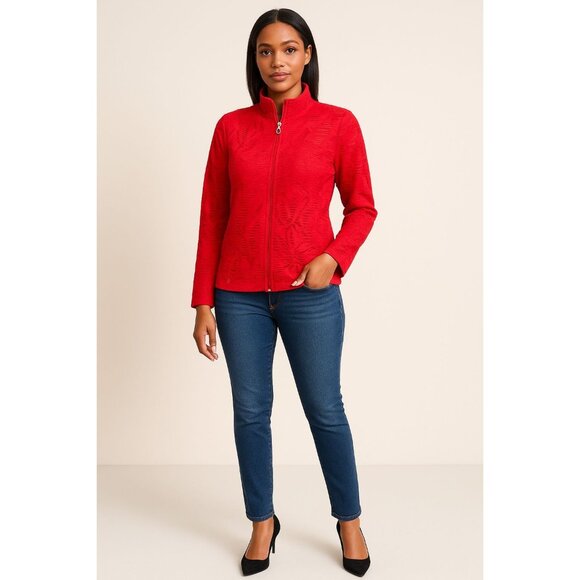 Erin London Red Lace Zip Jacket Women’s M Sheer Mesh Floral Textured Cottagecore - Picture 1 of 9